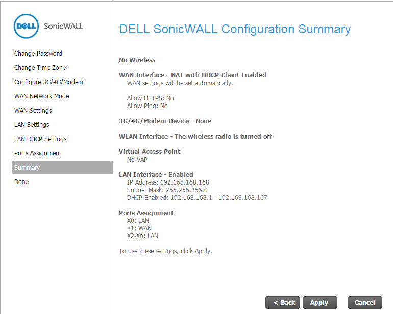 sonicwall configuration summary