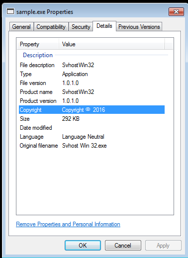 sample exe properties